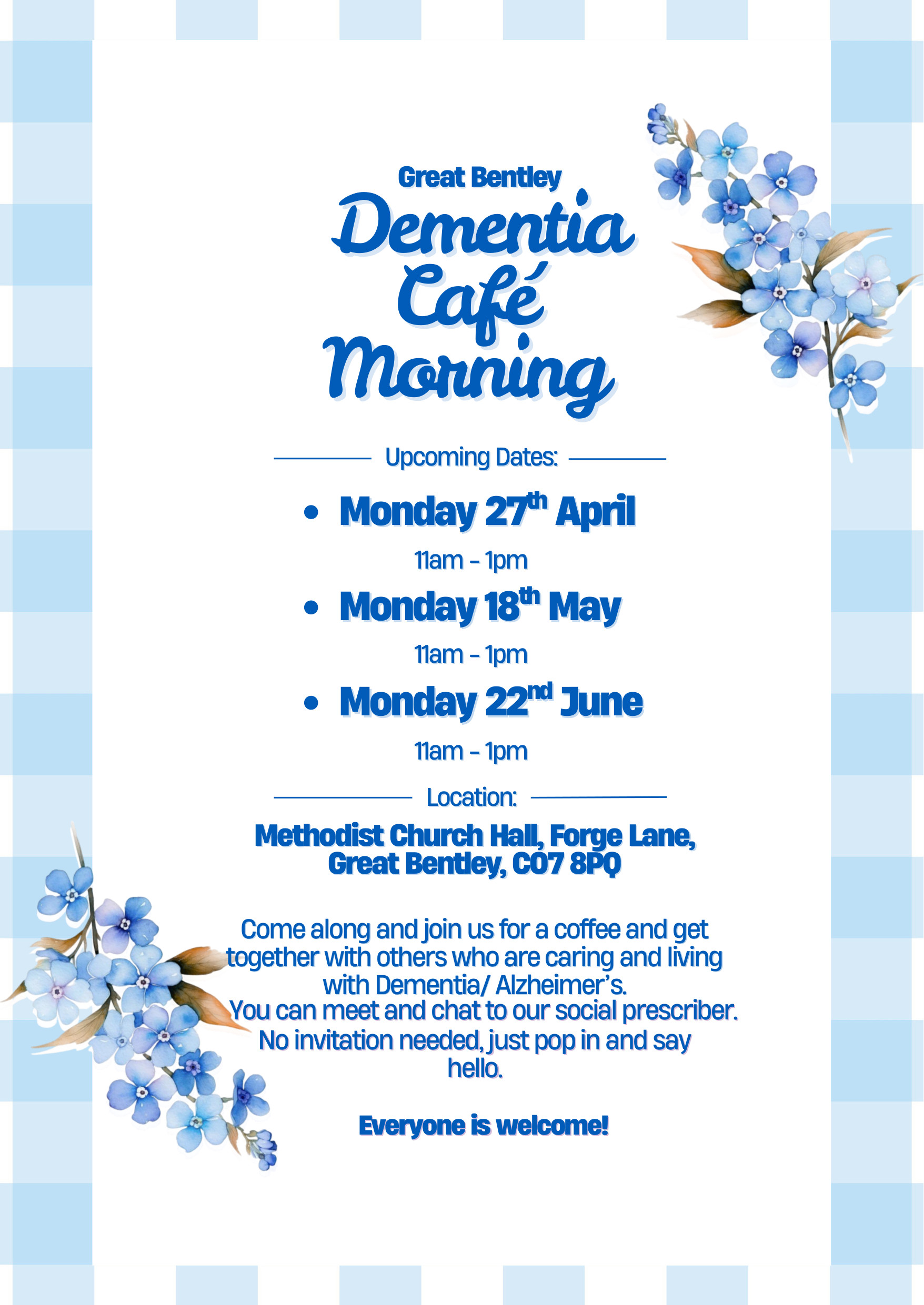 Dementia Cafe Morning flyer, dates and location.